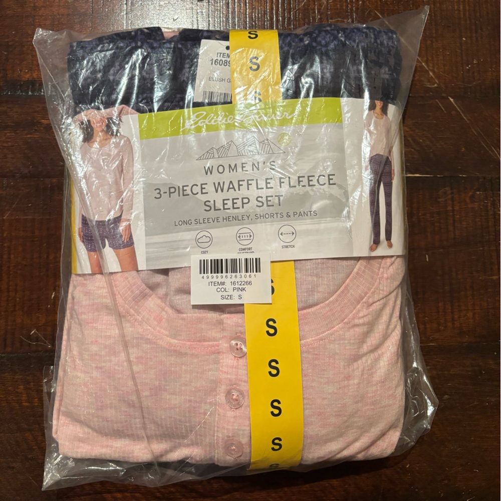 NWT Eddie Bauer Pink 3-Piece Waffle Fleece Sleep Set - Picture 1 of 4